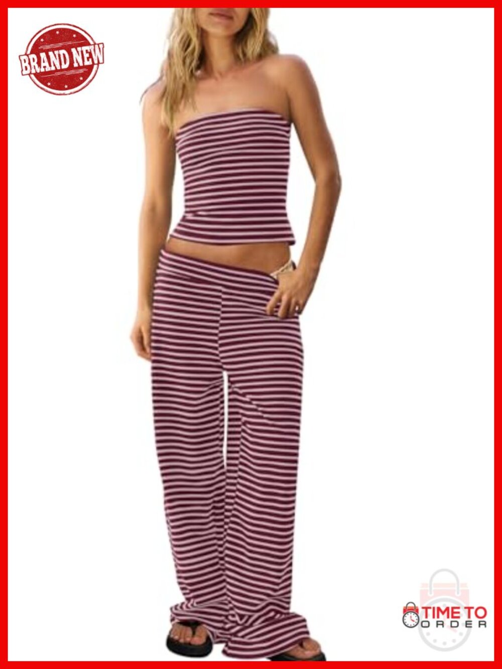 Striped Lounge Set Tube Top Wide Leg Pants 2 Piece Vacation Outfit
